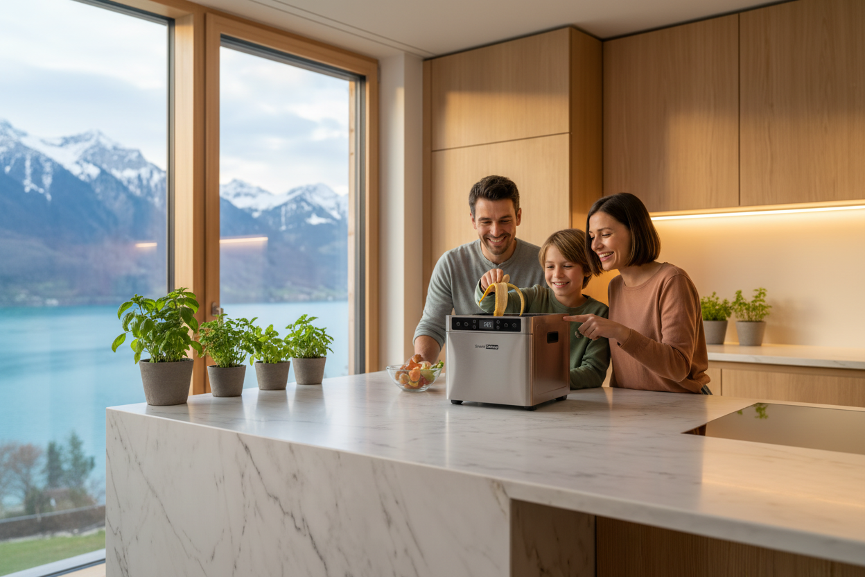 Schweizer Familie beim Kompostieren mit Smart Reloop Pro